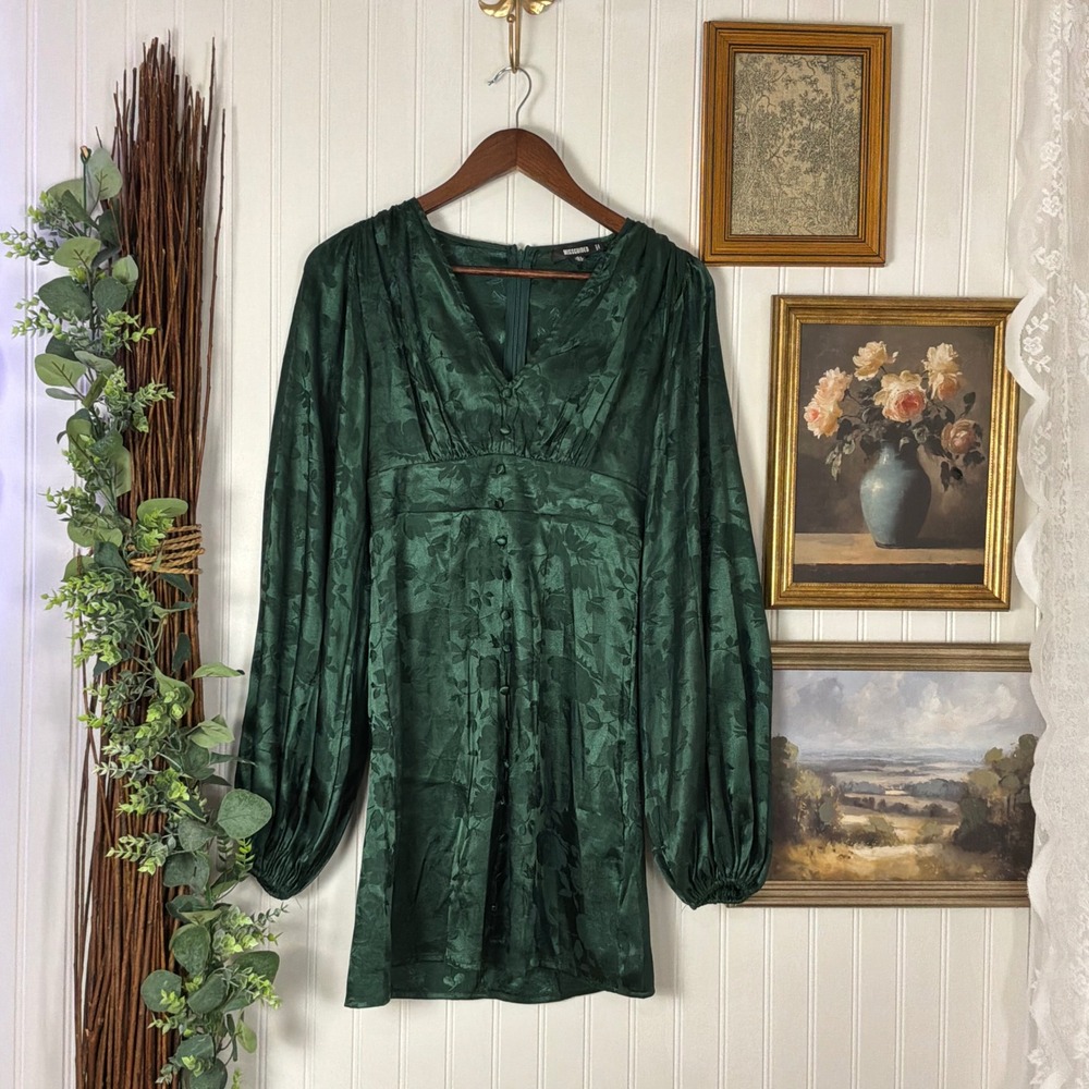 Missguided Mini Dress Womens Size 0 Green Excellent Floral Satin Balloon Sleeve